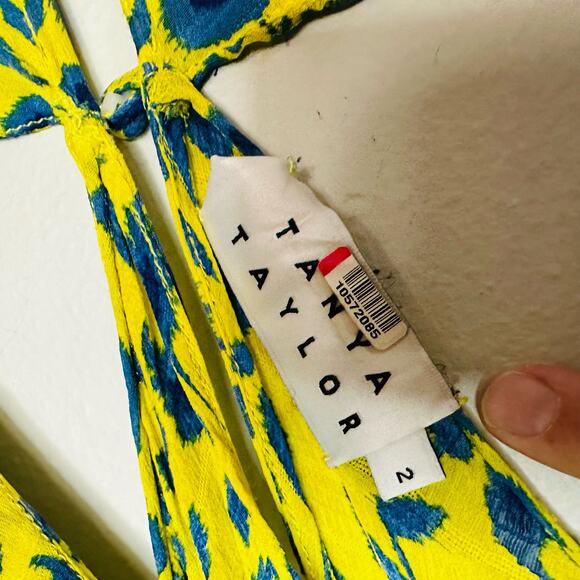 TANYA TAYLOR Yellow Blue Printed Silk Chiffon V-Neckline Maxi Dress Size 2 - Picture 6 of 13